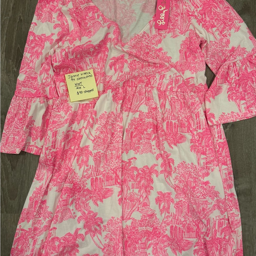 Lilly Pulitzer Pink and White Pleated Sundress with Bell Sleeves
